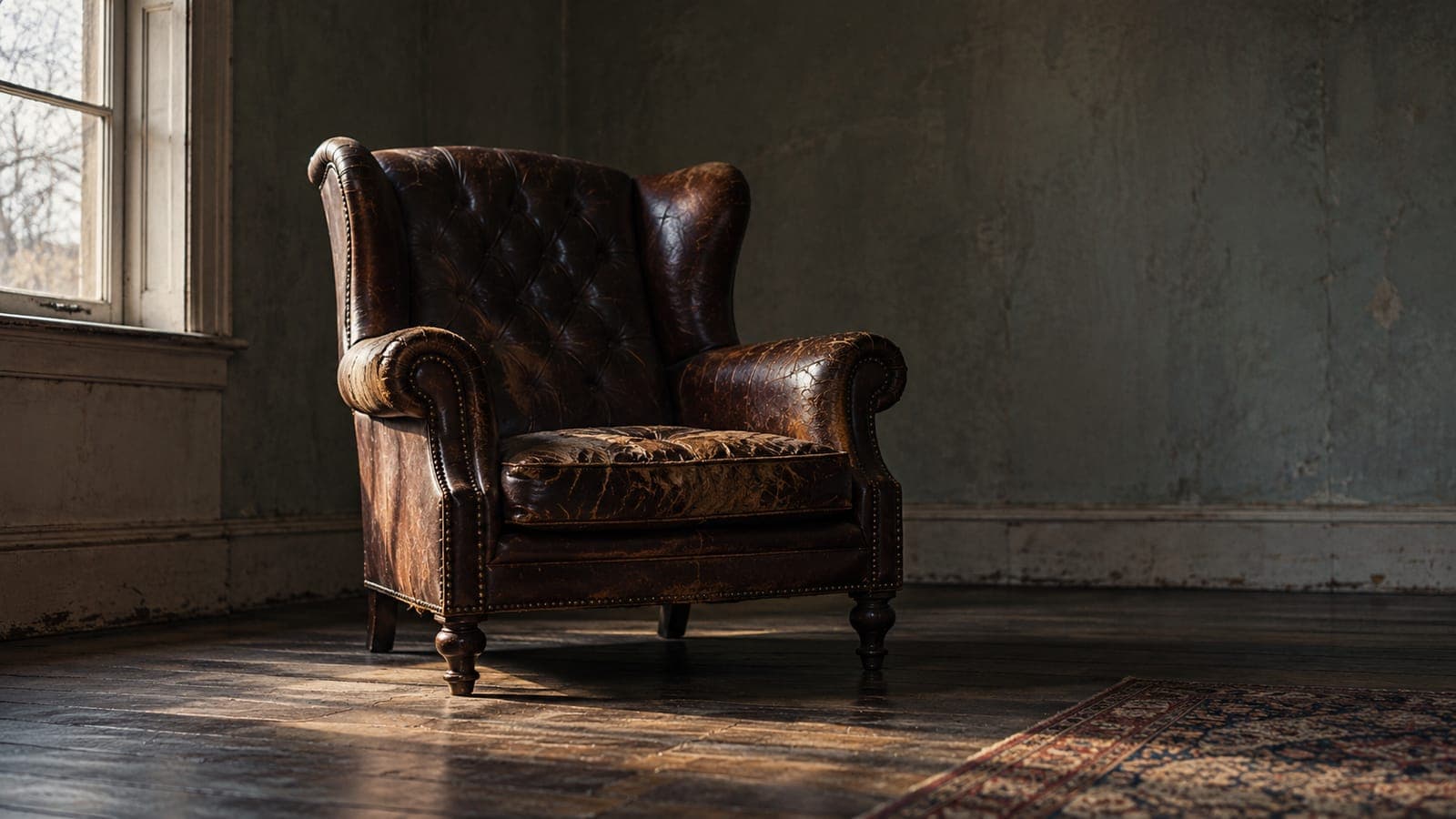 An empty leather armchair with cracked upholstery stands in a quiet room.