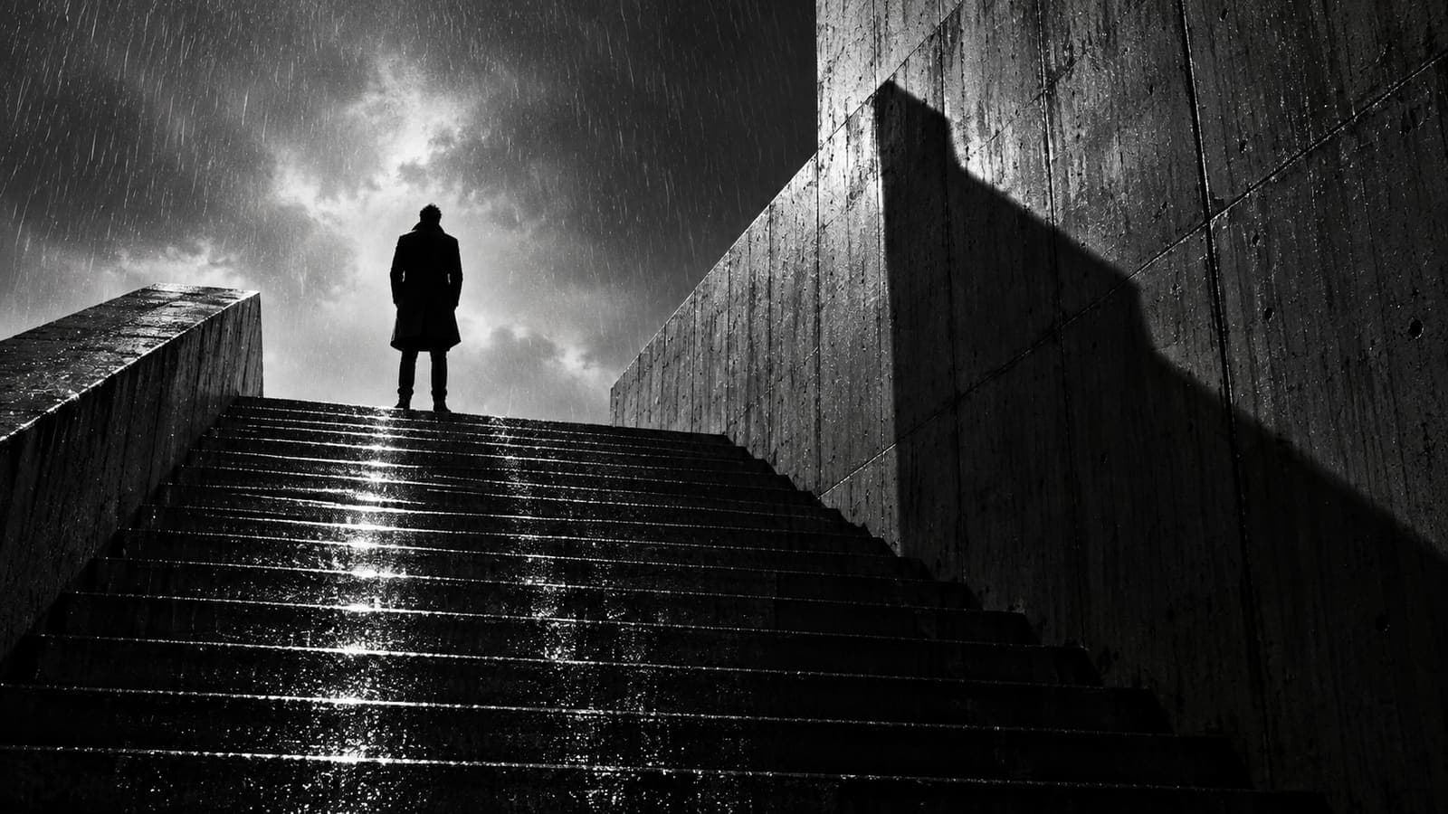A lone figure stands on rain-soaked concrete steps beneath a towering shadow in a black-and-white city scene.