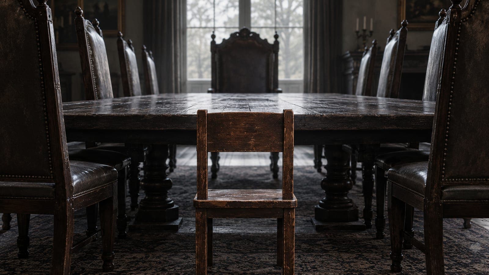 A small empty child's chair surrounded by imposing adult chairs at a dark dining table.
