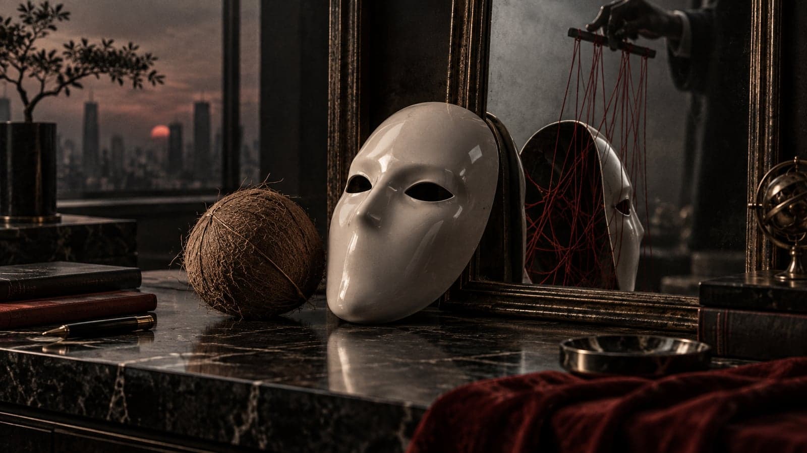 A glossy theatrical mask beside a coconut and a mirror reflecting tangled puppet strings.