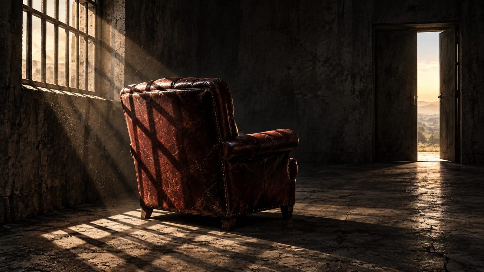 An empty leather armchair sits in barred window shadows, with an open doorway beyond it.