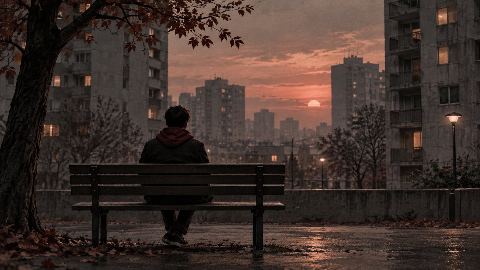 An ordinary person sits alone on a bench among quiet apartment buildings.