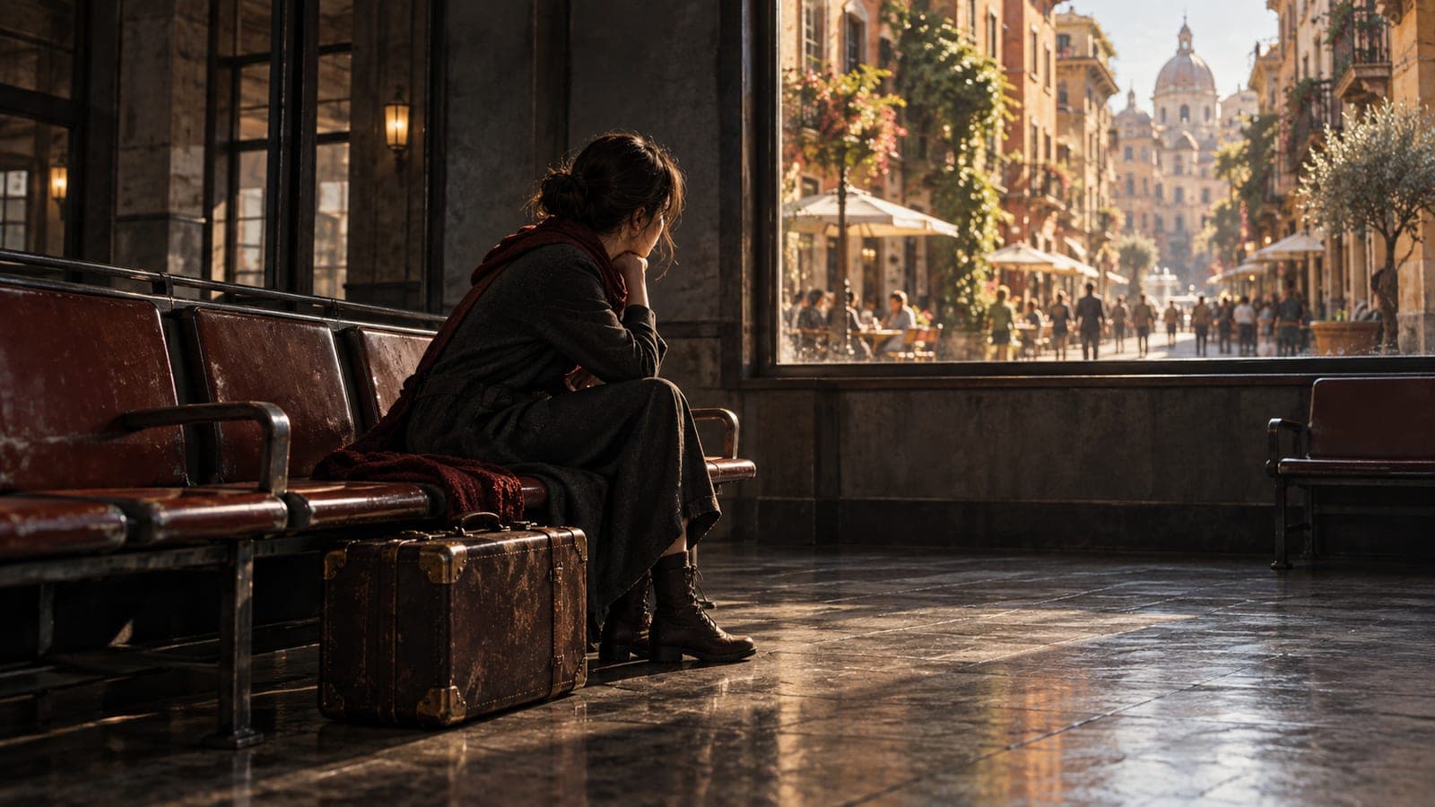 A traveler sits beside a suitcase in a dim waiting room, looking toward a lively sunlit street beyond the window.