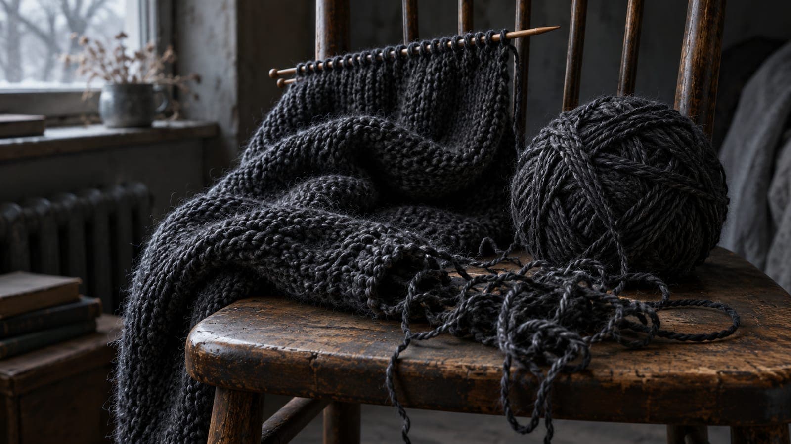 A half-knitted scarf with tangled stitches lies beside a ball of yarn on a worn chair.