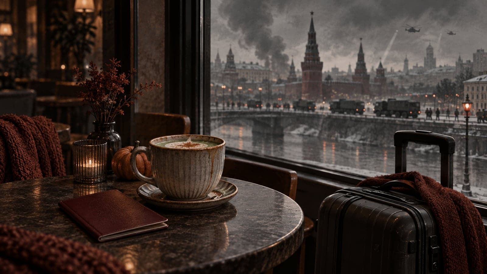 A latte and passport on a cafe table, with a packed suitcase beside a window overlooking a dark city.