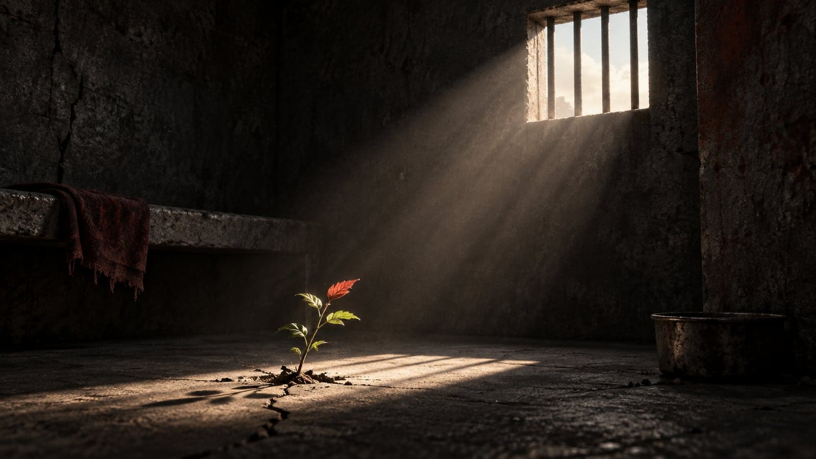 A small plant reaches toward daylight beneath the barred window of a dark prison cell.