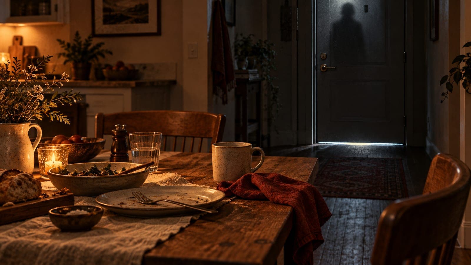 A warmly lit kitchen table faces a closed front door with an indistinct shadow behind its glass.