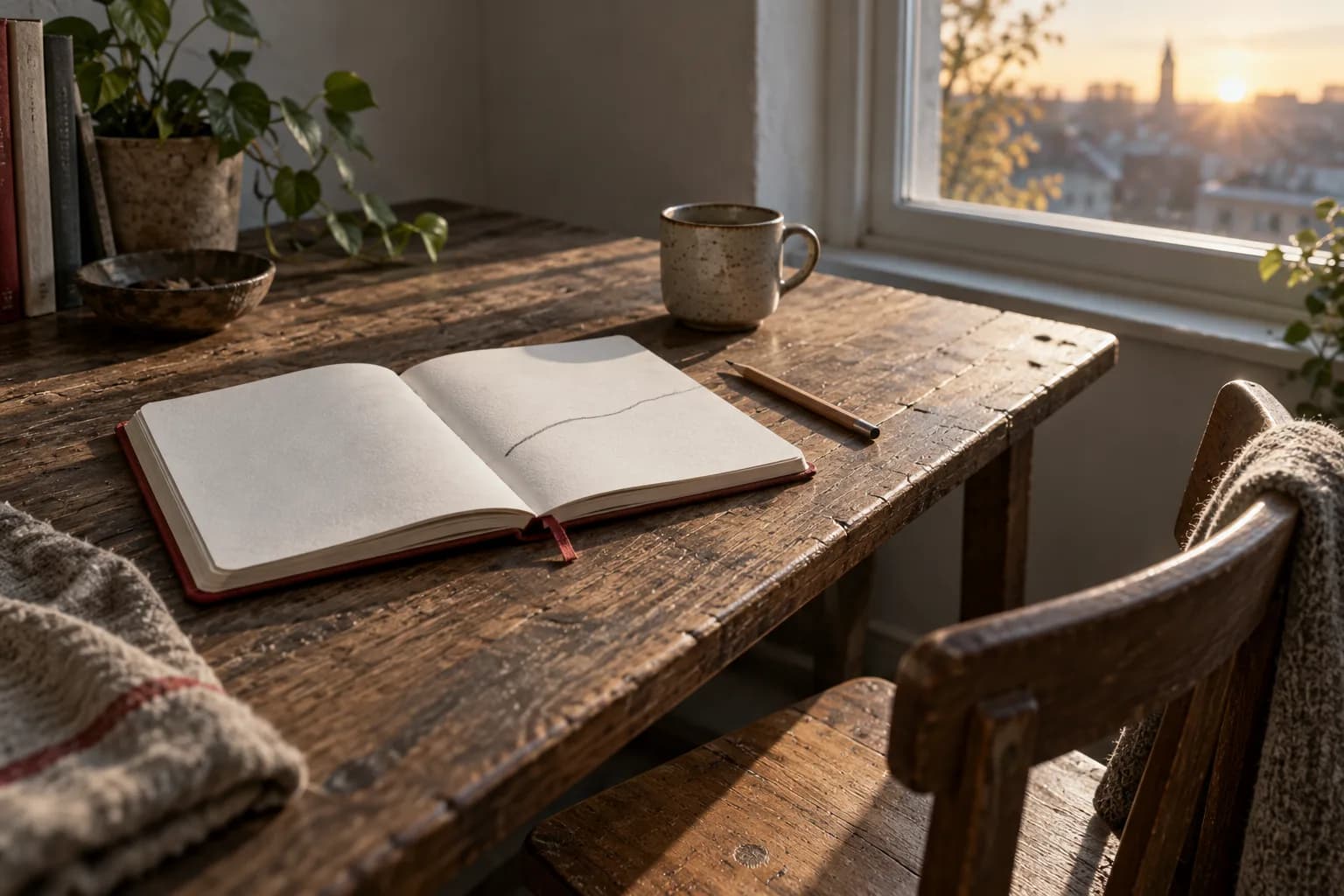 An open notebook with a single pencil line rests on a worn wooden desk in morning light.