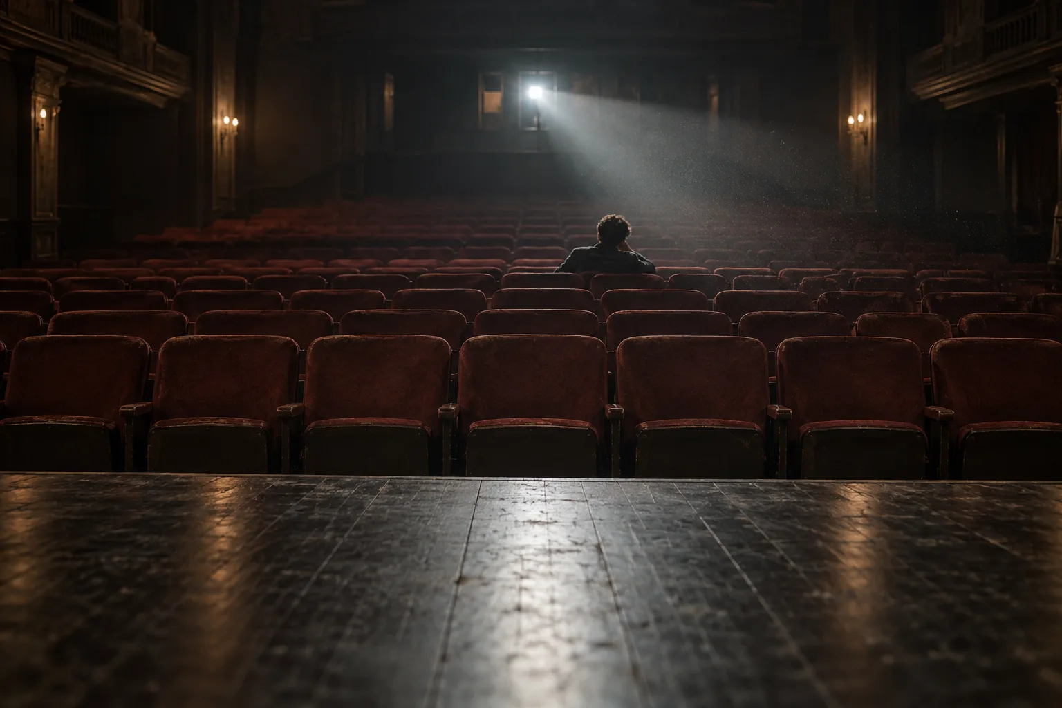 A lone spectator sits among rows of empty red theater seats beneath a narrow beam of light.