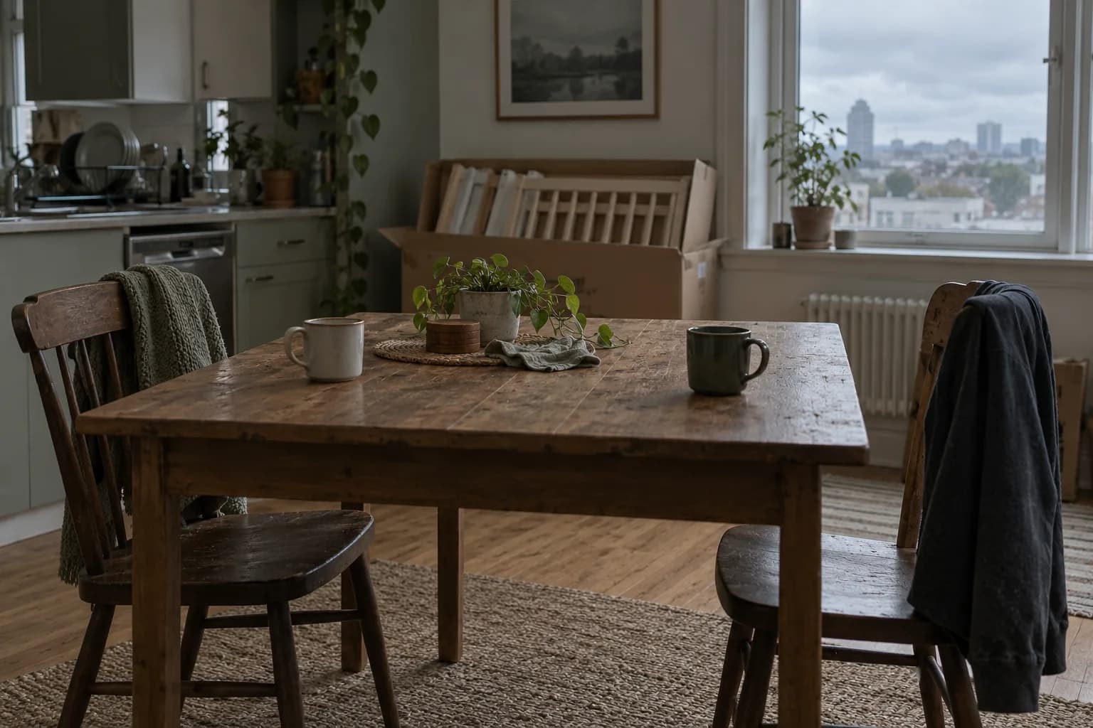Two cups sit at opposite ends of a kitchen table, with chairs turned away and an unassembled crib in the background.