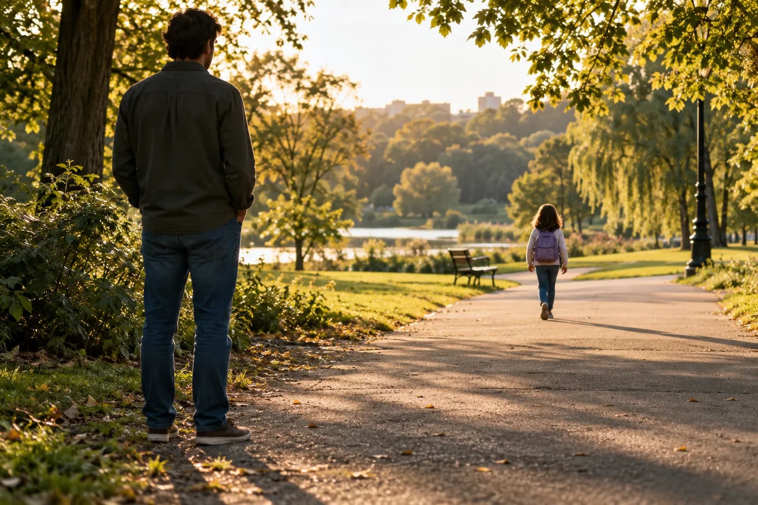 A parent watches from a distance as a child with a backpack walks down a sunlit park path.