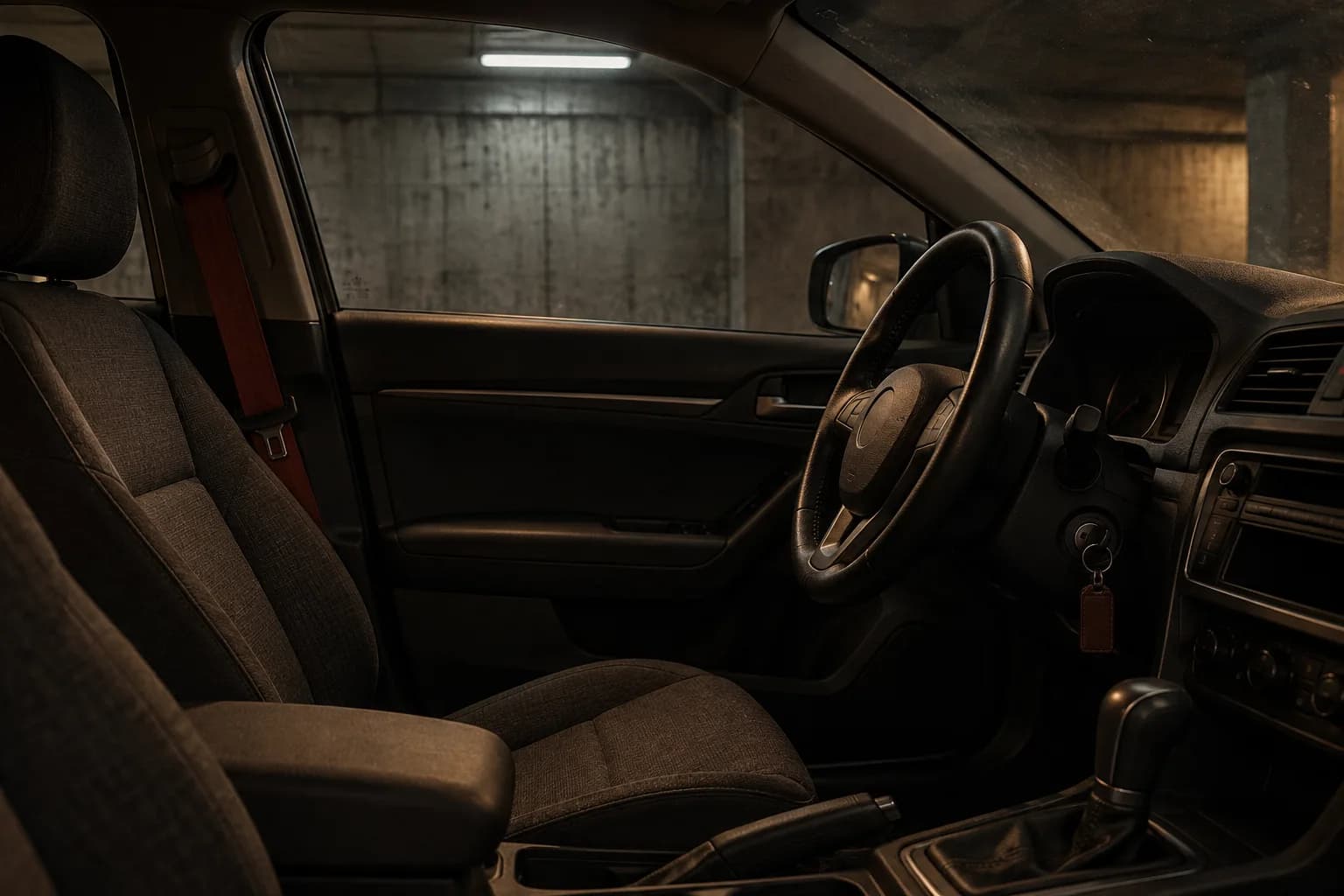 The empty driver’s seat of a parked car in a dim concrete garage.
