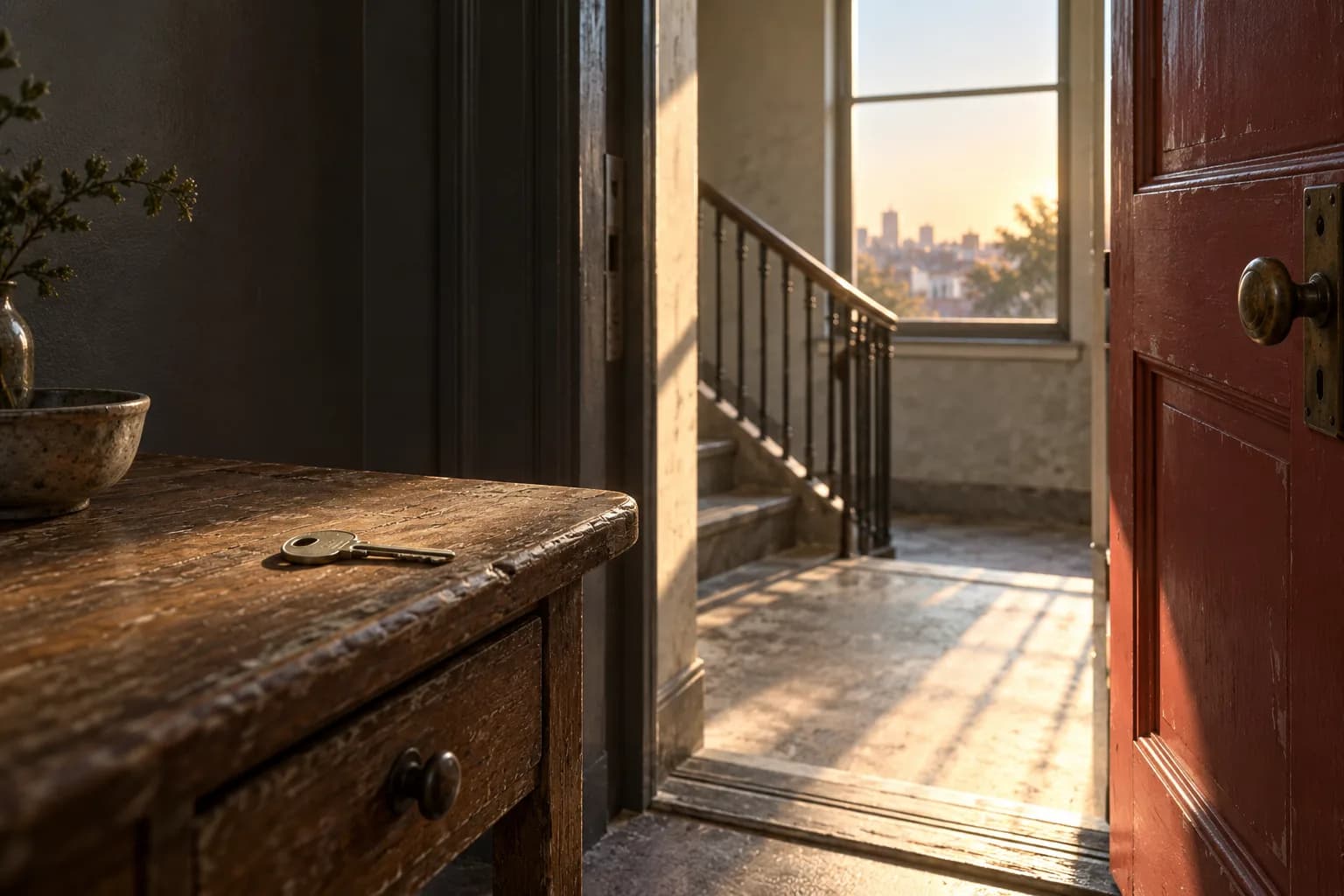 A key rests on a worn wooden table beside an open door to a sunlit stair landing.