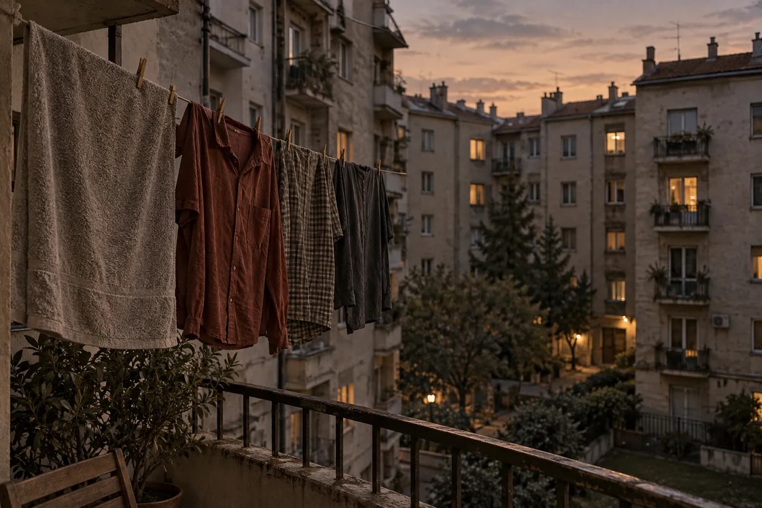 Everyday clothes hang above a quiet residential courtyard as evening lights come on.