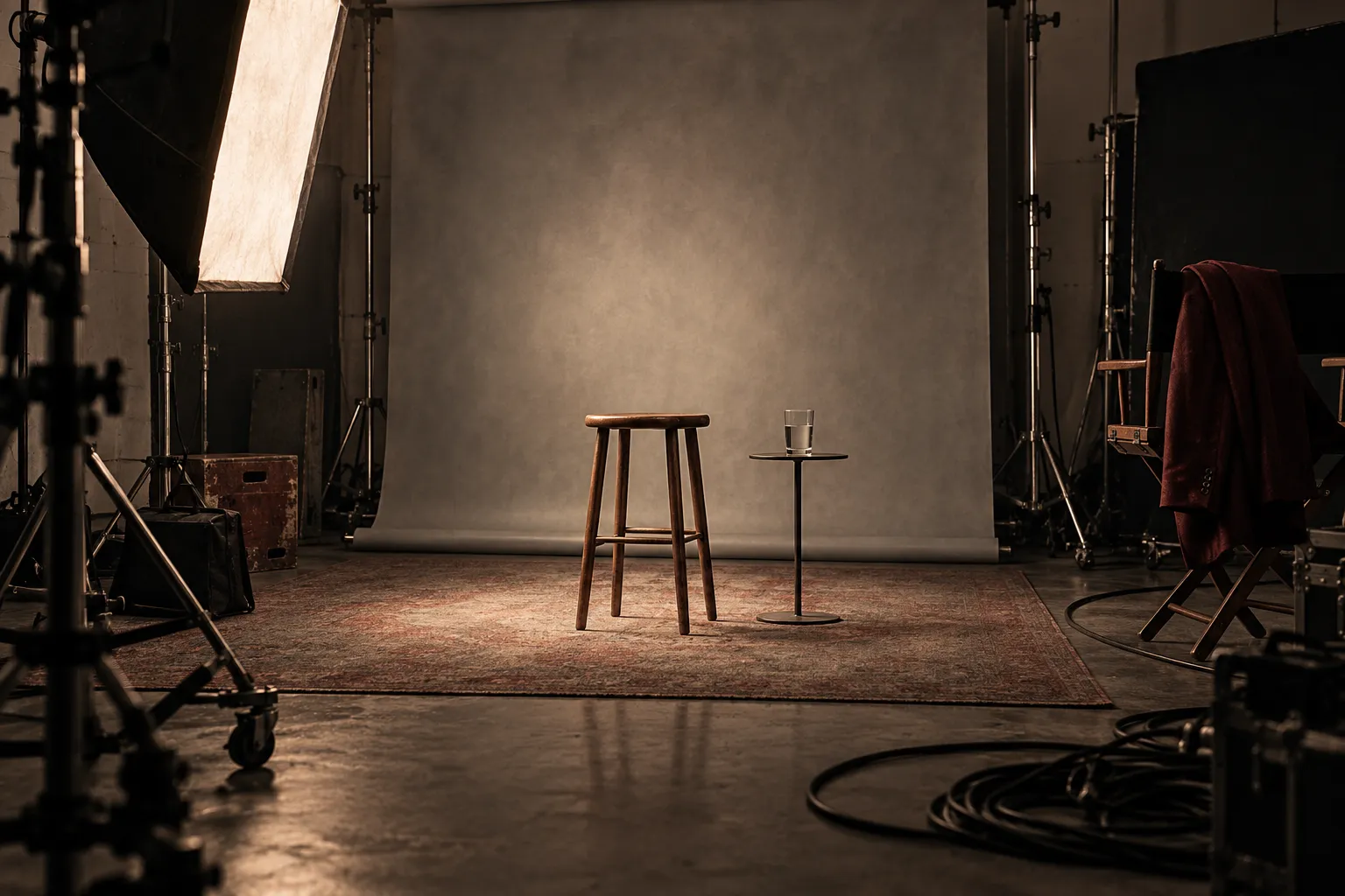 A minimalist stool and glass of water sit on a staged photo set, with studio equipment visible beyond the backdrop.
