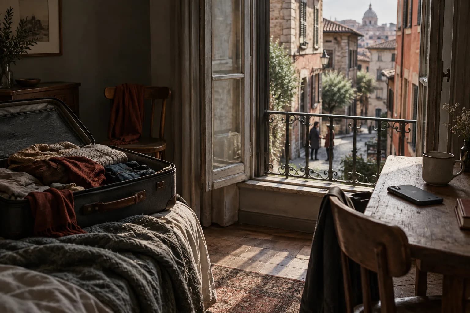 A half-unpacked suitcase and a face-down phone sit inside an apartment overlooking people talking on an unfamiliar street.