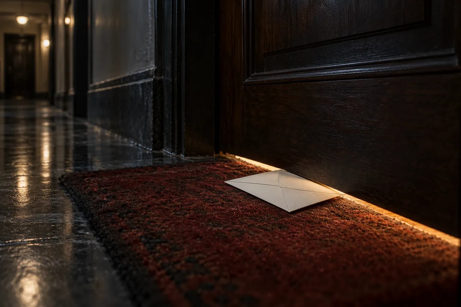 An unmarked envelope lies beneath a luxurious apartment door in a dim corridor.