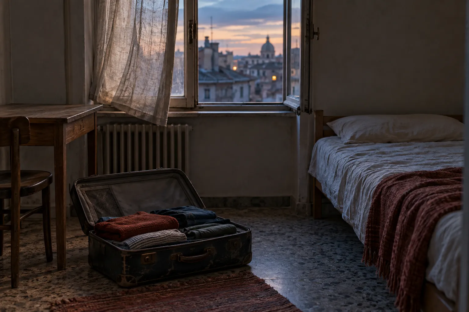 A half-packed suitcase stands beside an untouched bed in an anonymous rented room.