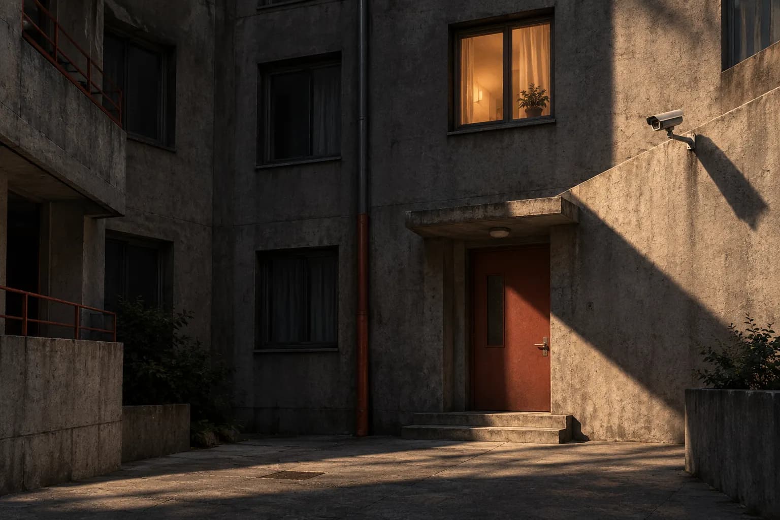 The shadow of a surveillance camera falls across an empty apartment courtyard.