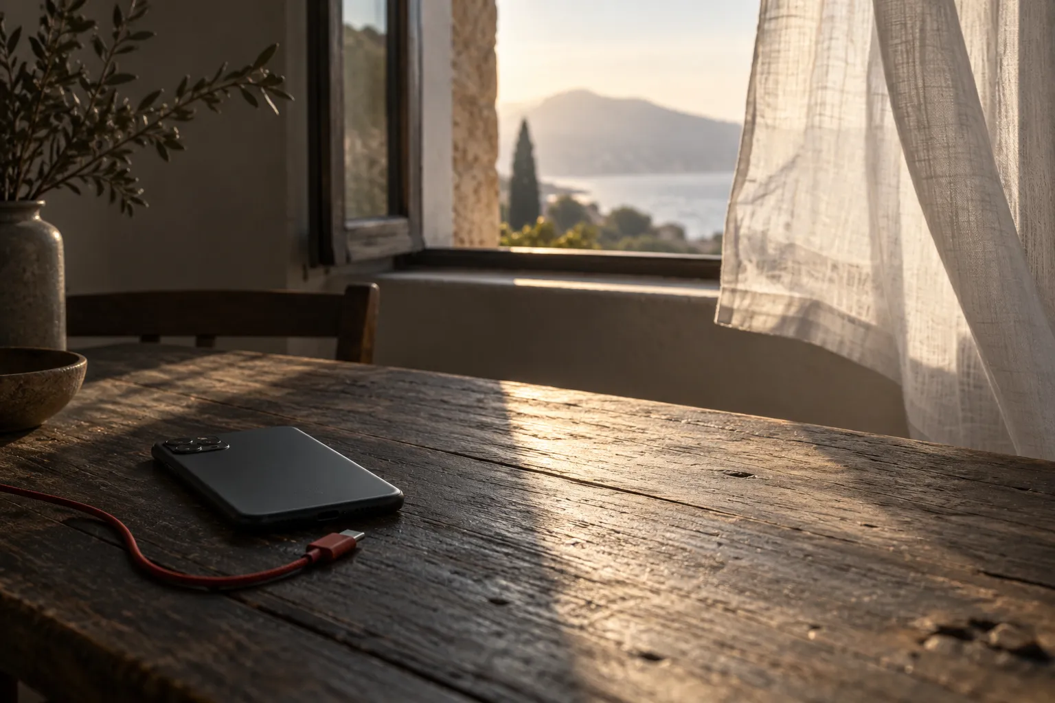 A disconnected phone rests face down beside an open window and a moving curtain.