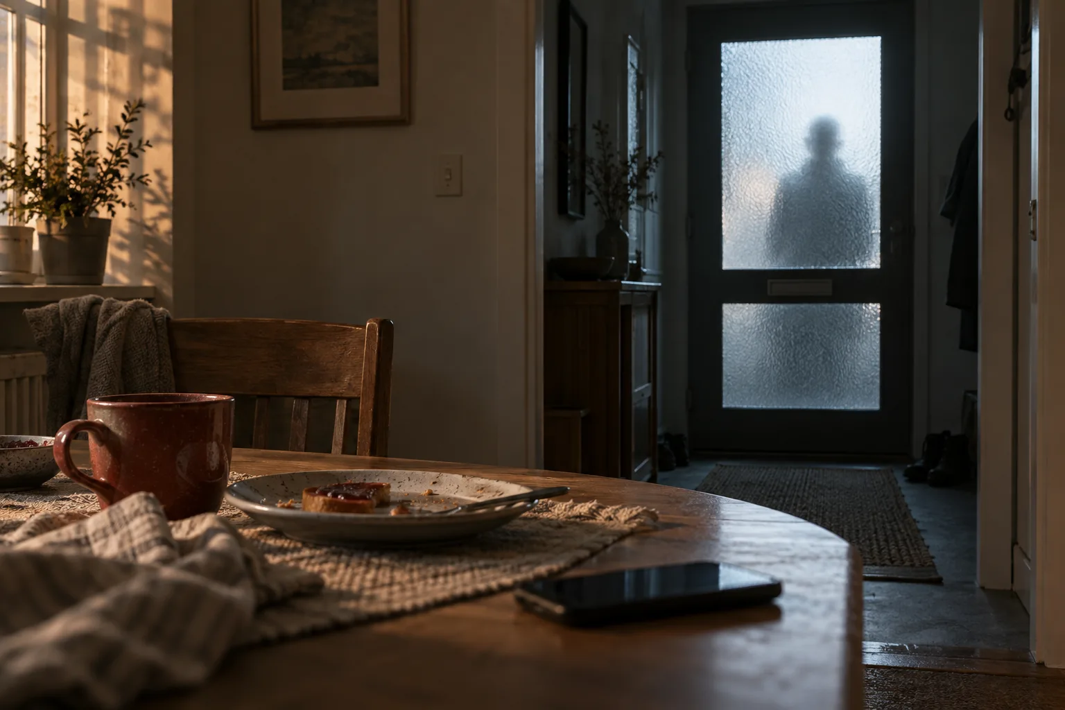 An unfinished breakfast and a phone sit on a table while a human silhouette waits behind the frosted glass of the front door.