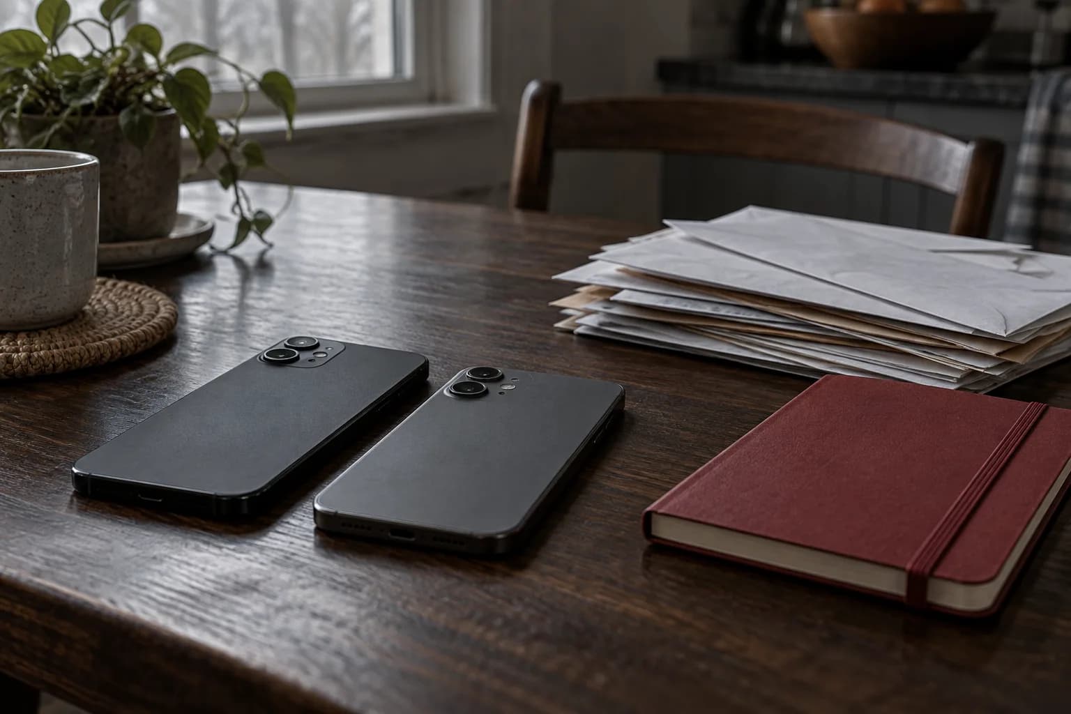 Two nearly identical phones lie face down beside household papers and a closed red notebook.
