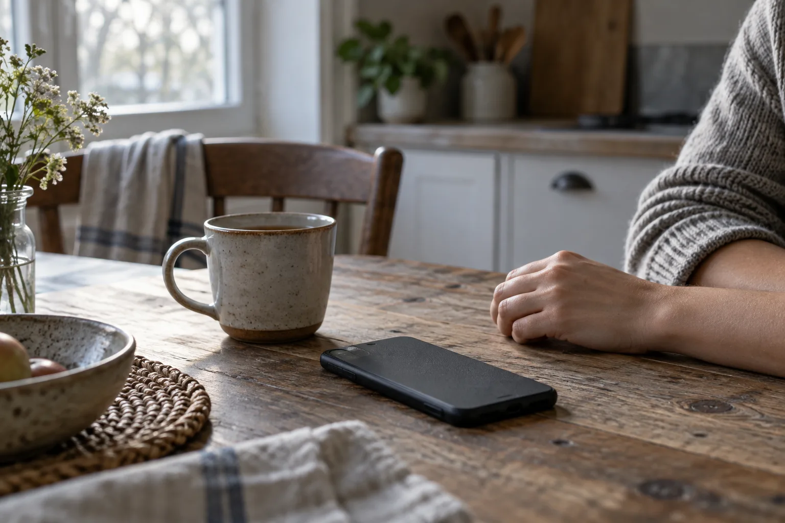 A hand rests beside a cup of tea and a face-down phone on a quiet kitchen table.