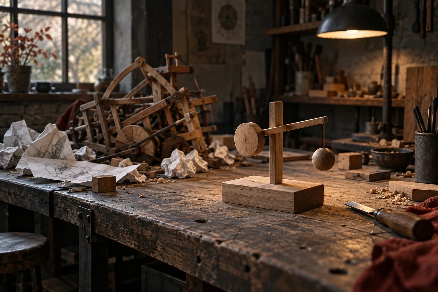 A simpler wooden prototype occupies a cleared area of a workbench beside discarded sketches and an abandoned complicated model.