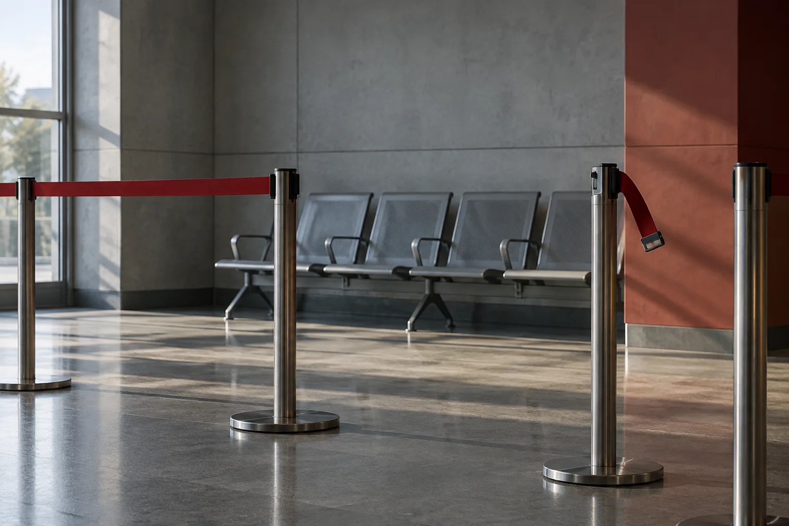 An unhooked red queue barrier creates a shortcut beside empty seats in an institutional waiting area.