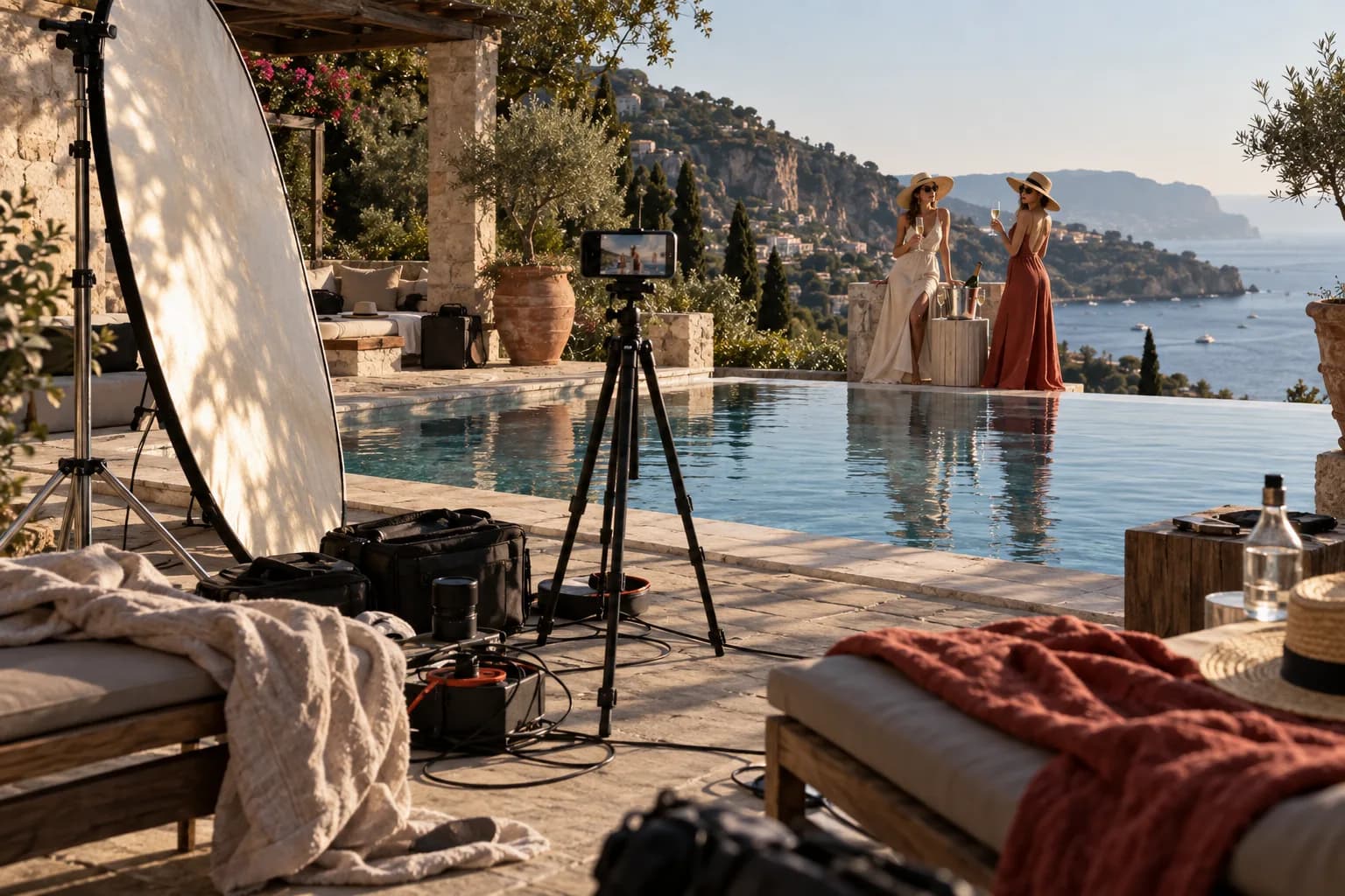 Two women pose beside a luxury pool while a tripod, reflector and scattered equipment reveal the staged photo shoot.