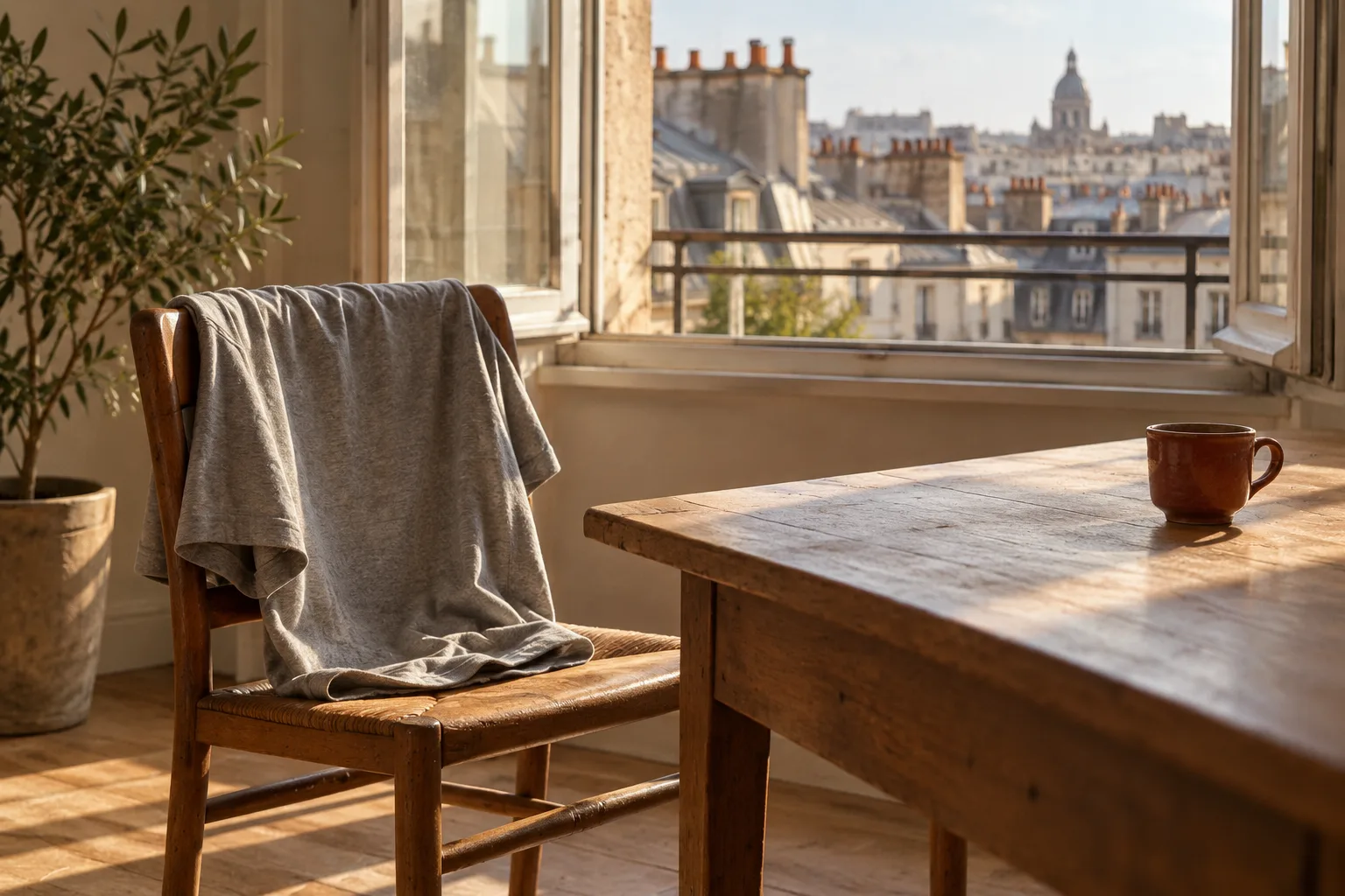 A plain gray T-shirt hangs over a wooden chair beside an open window and a quiet sunlit table.