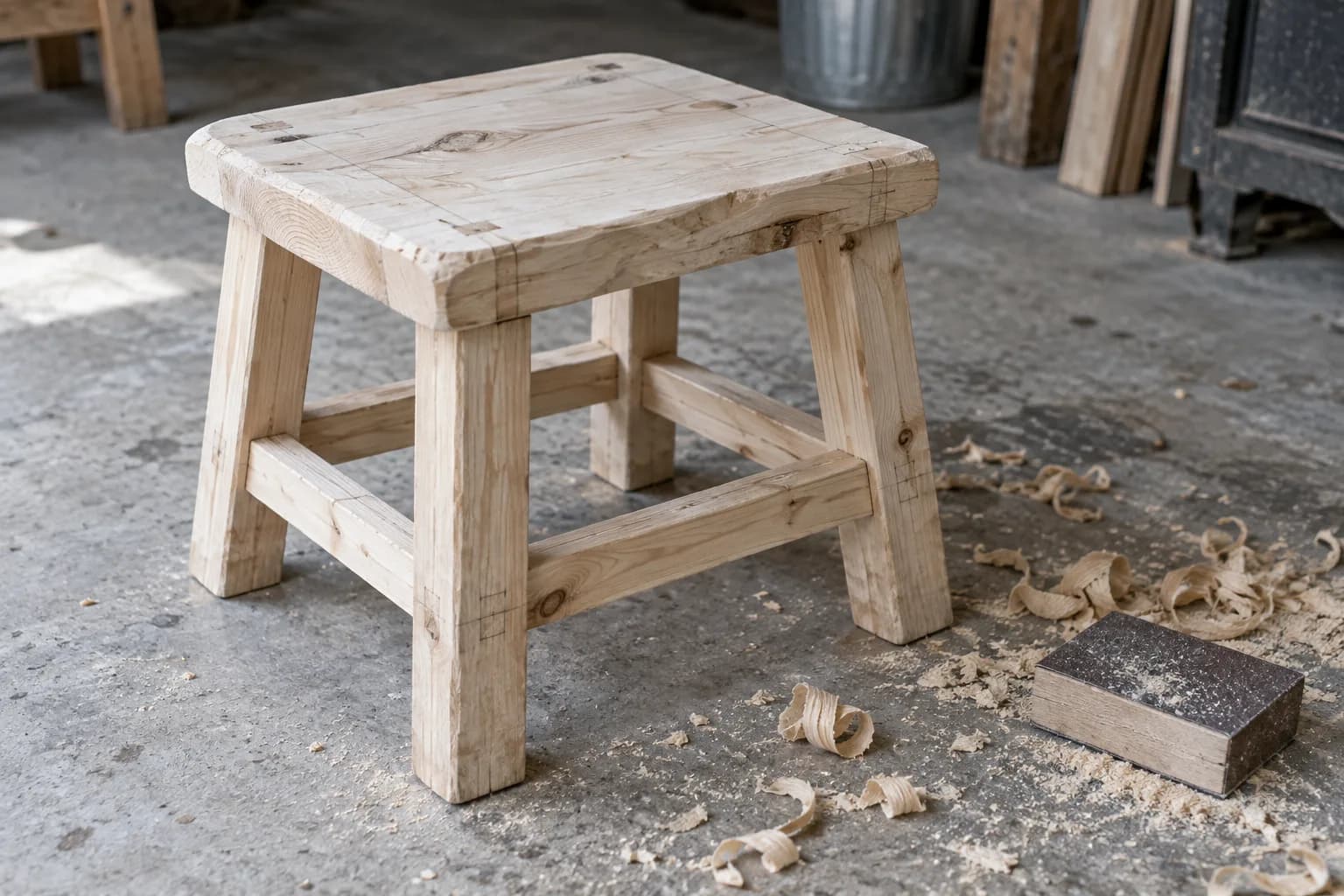 A roughly finished wooden stool stands on a workshop floor beside wood shavings and a sanding block.