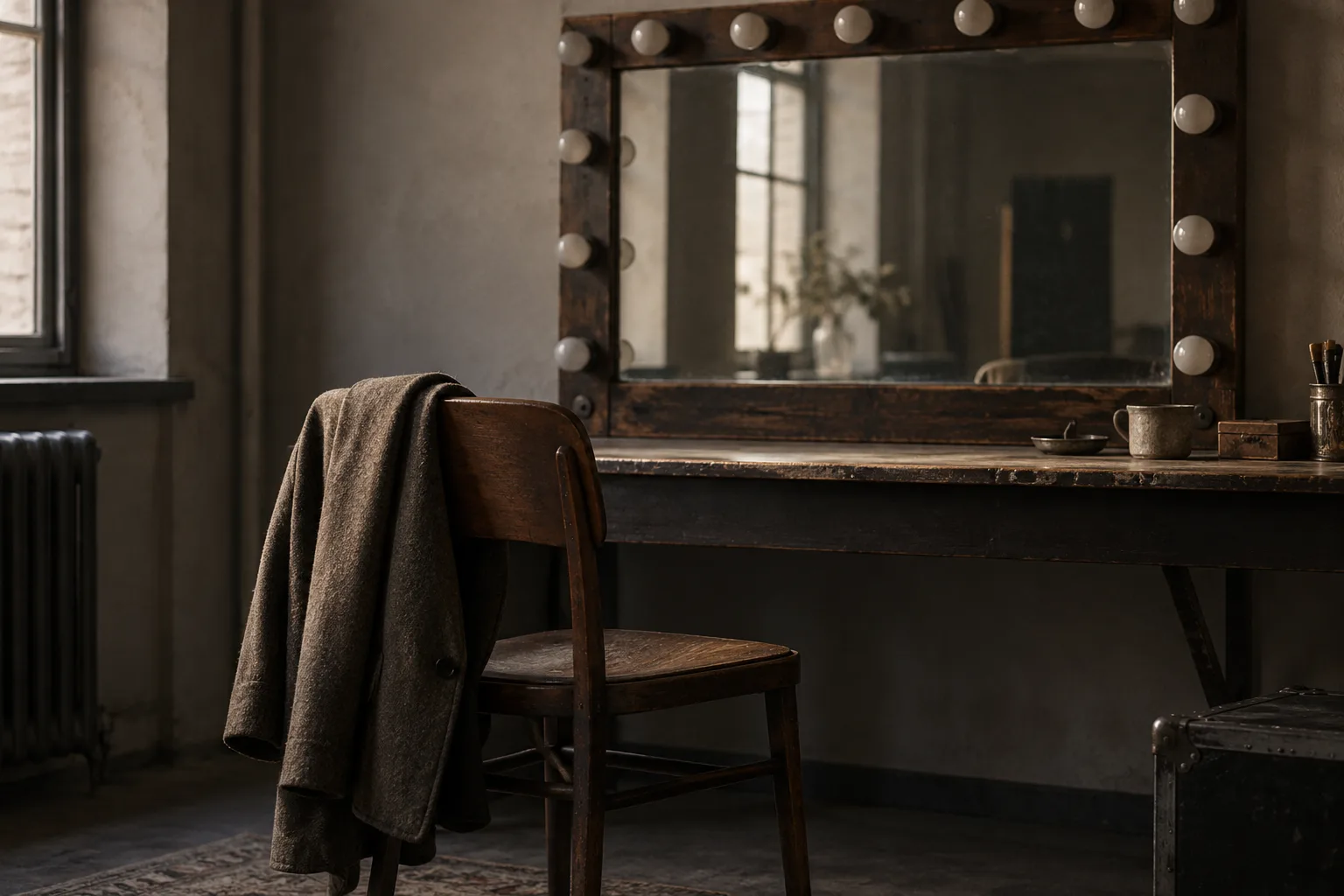 An empty chair with a coat over its back faces a dressing-room mirror surrounded by unlit bulbs.