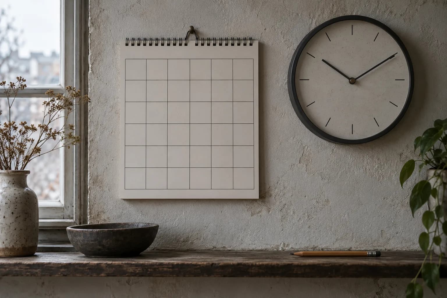 A blank calendar grid hangs beside a simple clock, with an unused pencil on the shelf below.