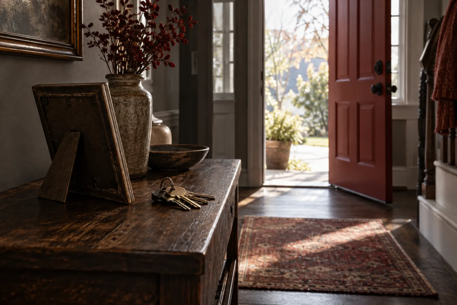 House keys lie beside the back of a framed family photograph near an open front door.