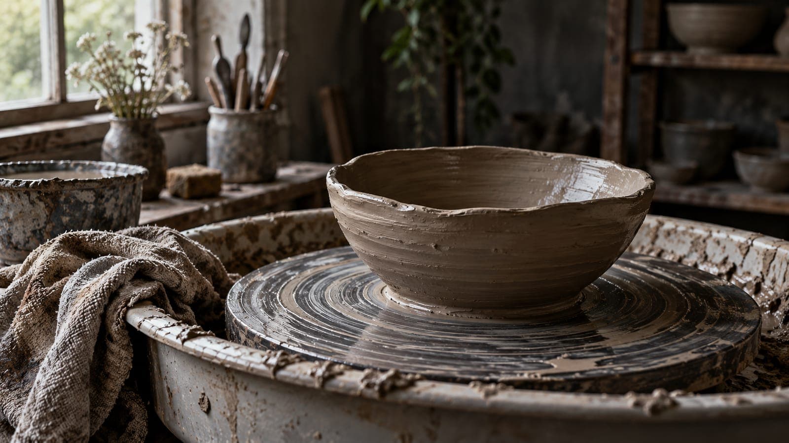An imperfect clay bowl rests on a pottery wheel in a small studio.