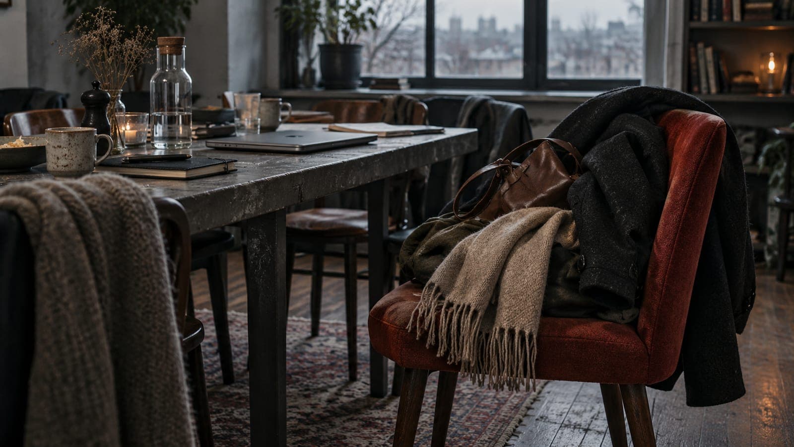 Other people's coats and bags fill a red chair at a shared table, leaving no room for its owner.