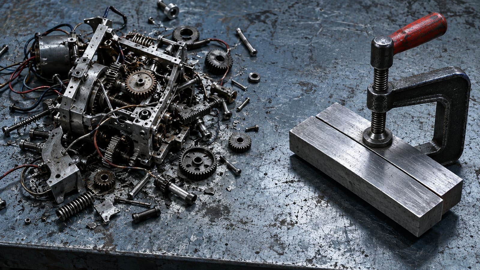 A tangled mechanical prototype lies beside a simple clamp holding two metal pieces on a cold steel worktable.