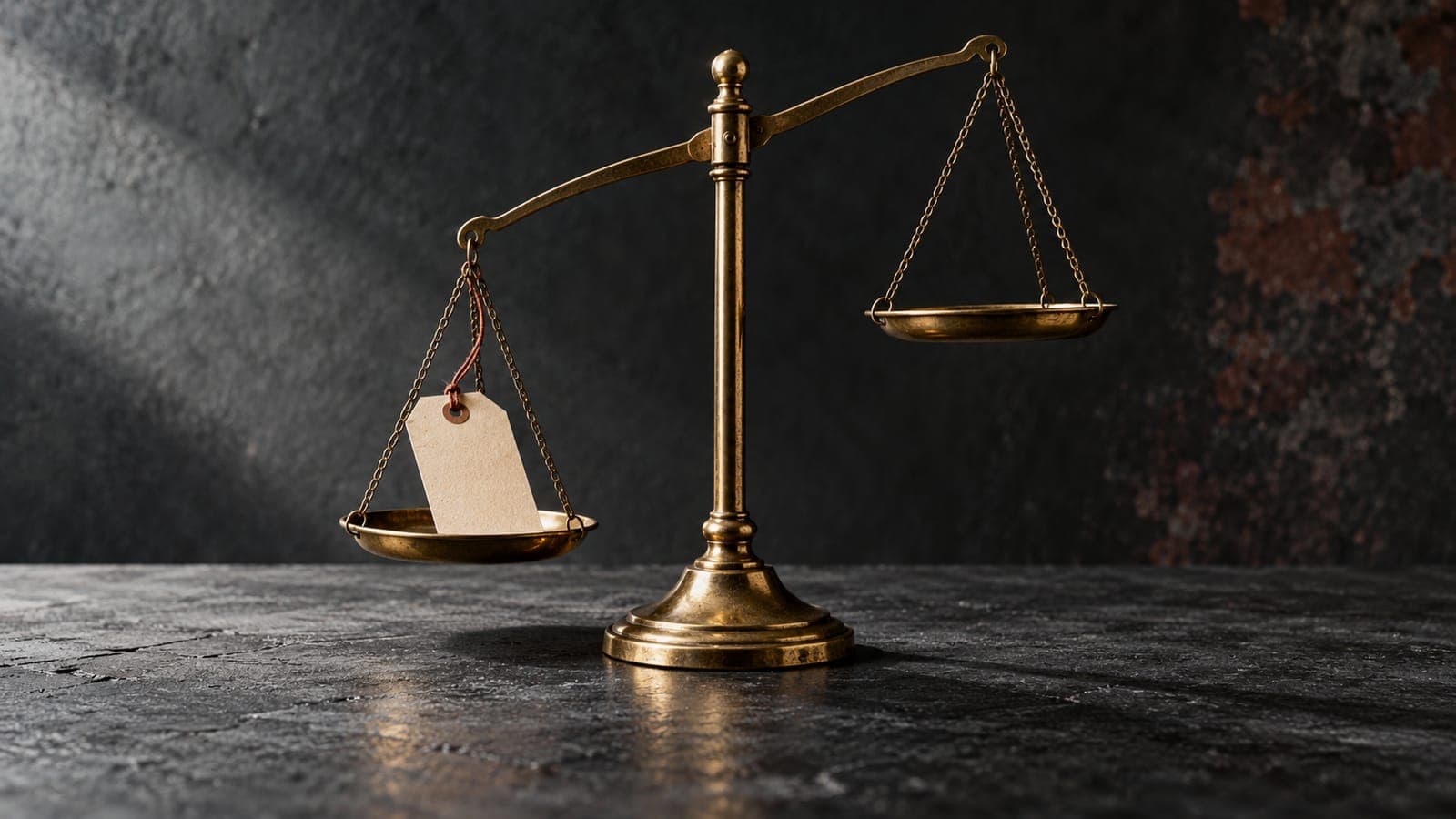 An unmarked price tag weighs down one side of a brass balance scale while the empty pan rises.