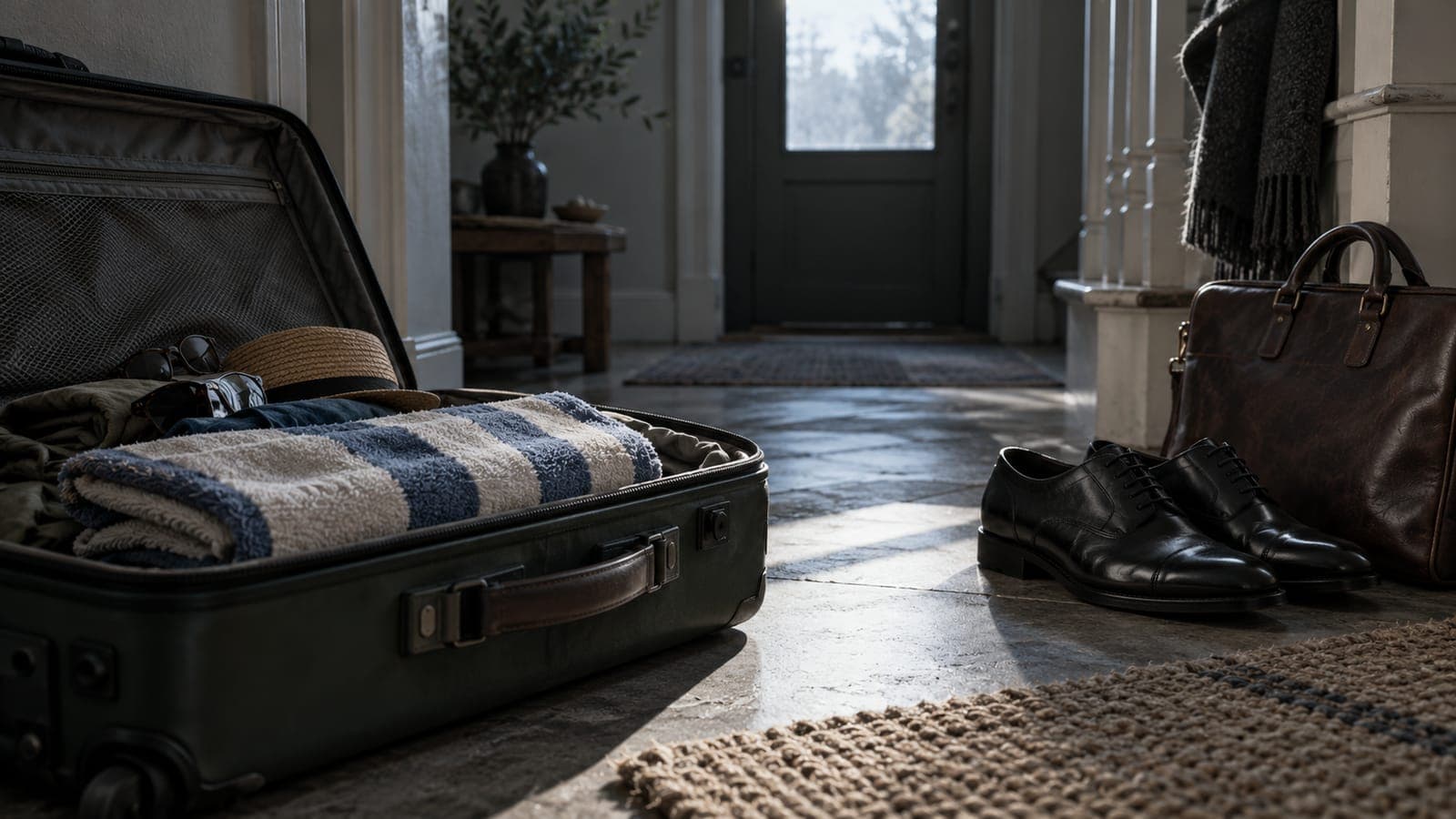 An open suitcase with a beach towel sits beside office shoes and a work bag.