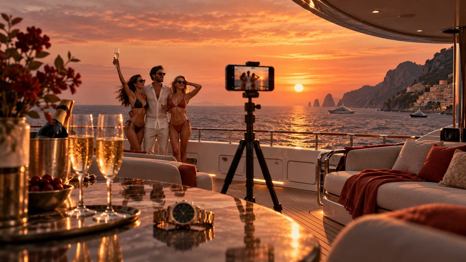 A man and two women in swimwear pose for a phone on a yacht, with champagne and an expensive watch in the foreground.