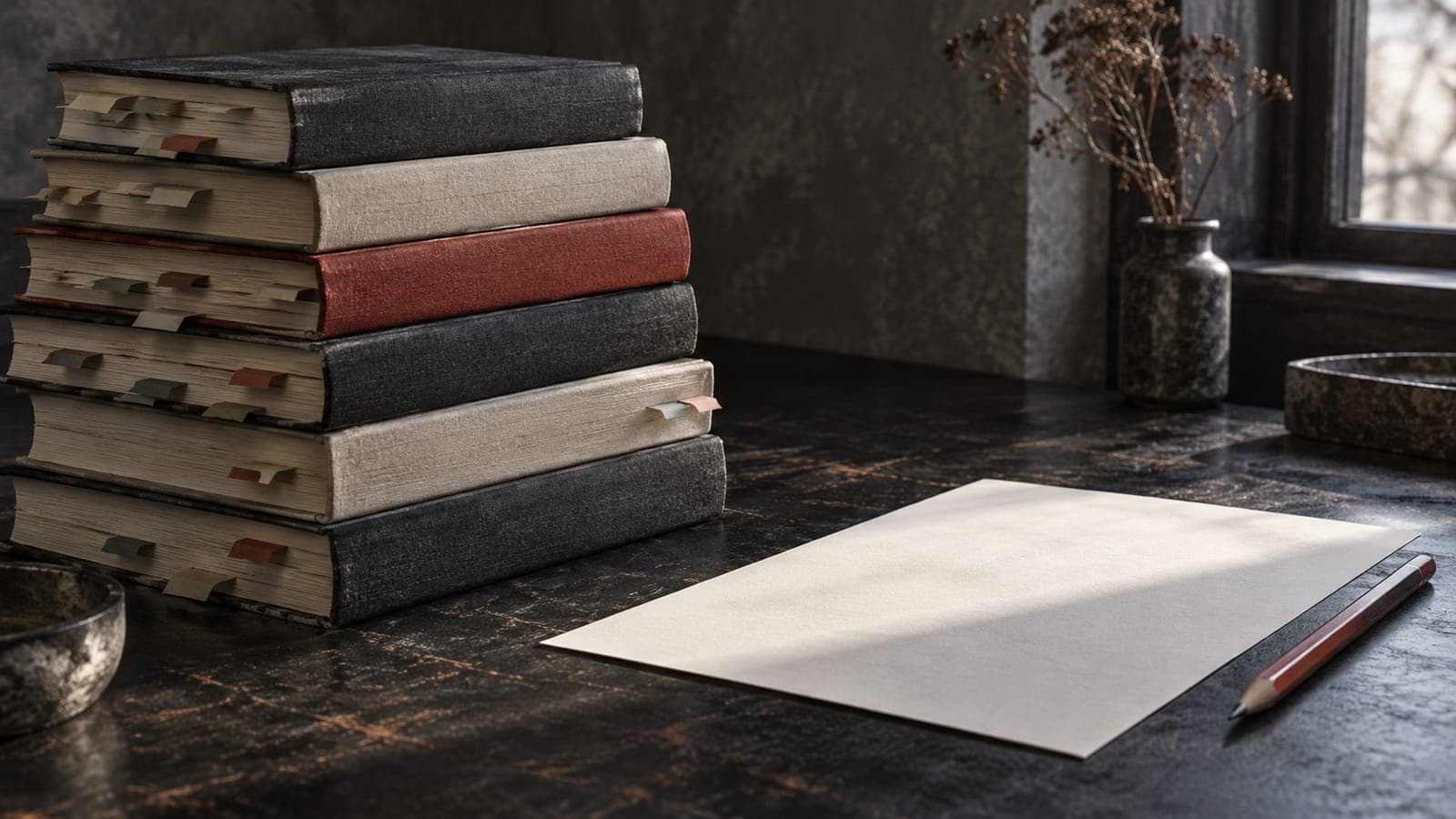 A tall stack of books filled with paper tabs stands beside an untouched blank sheet and a pencil.