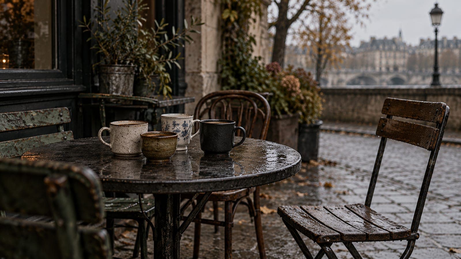 Four cups sit on a cafe table with one chair pulled away from the group.