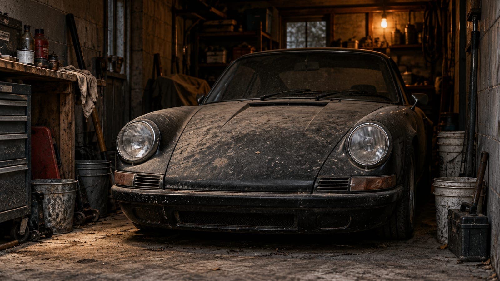 A dusty sports car fills a cramped garage surrounded by maintenance equipment.