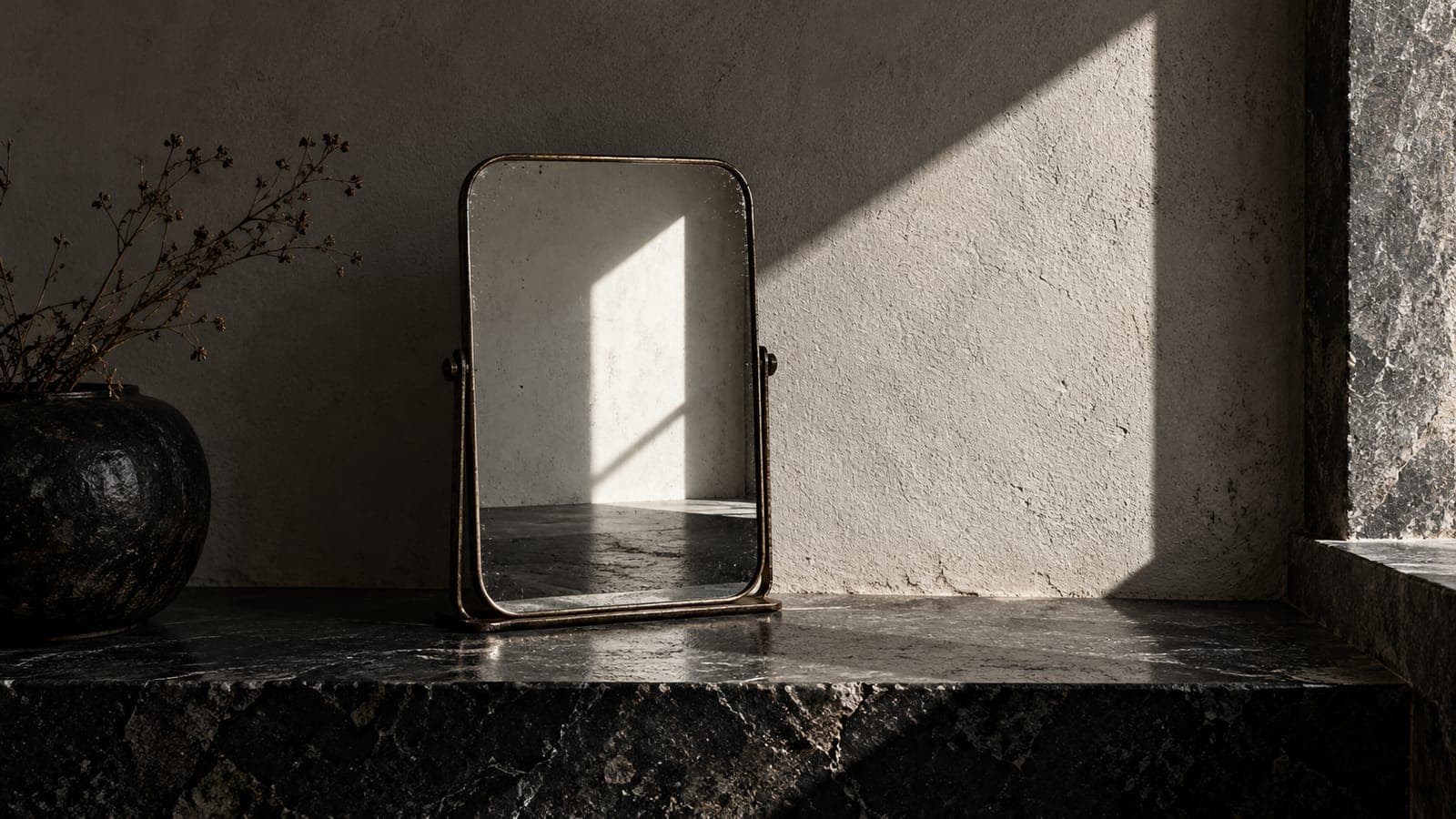 A small plain mirror on a stone ledge reflects daylight and a bare wall.