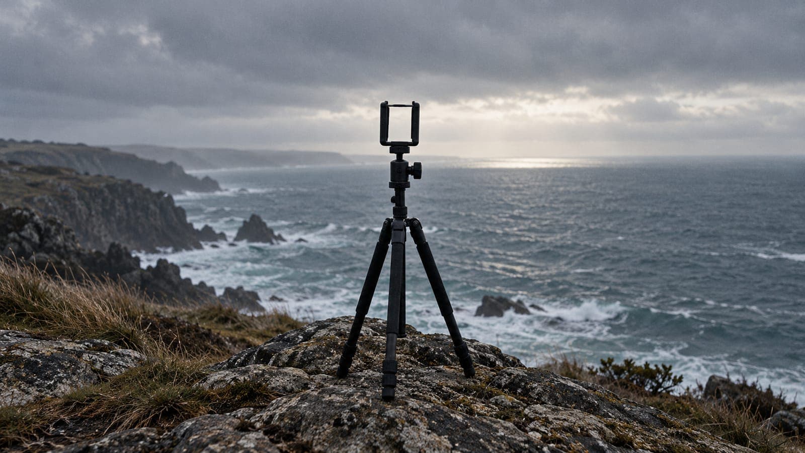 An empty phone tripod stands at a quiet coastal overlook facing the sea.