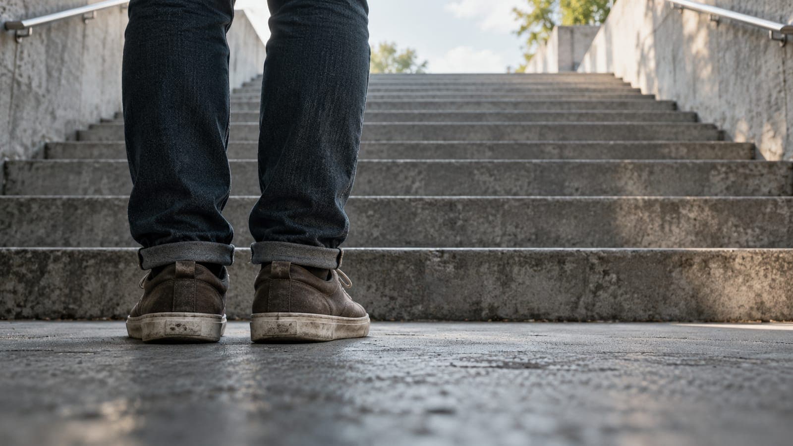 A person's worn shoes pause at the foot of a concrete staircase leading toward daylight.