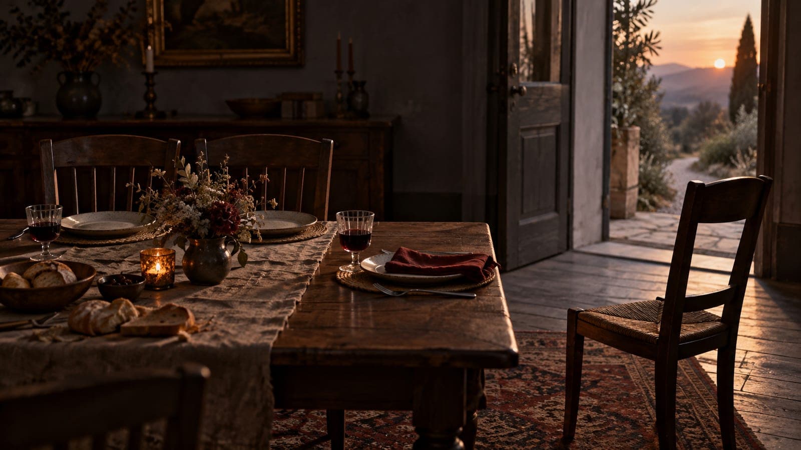 One chair is pulled away from a family dinner table toward an open sunlit doorway.